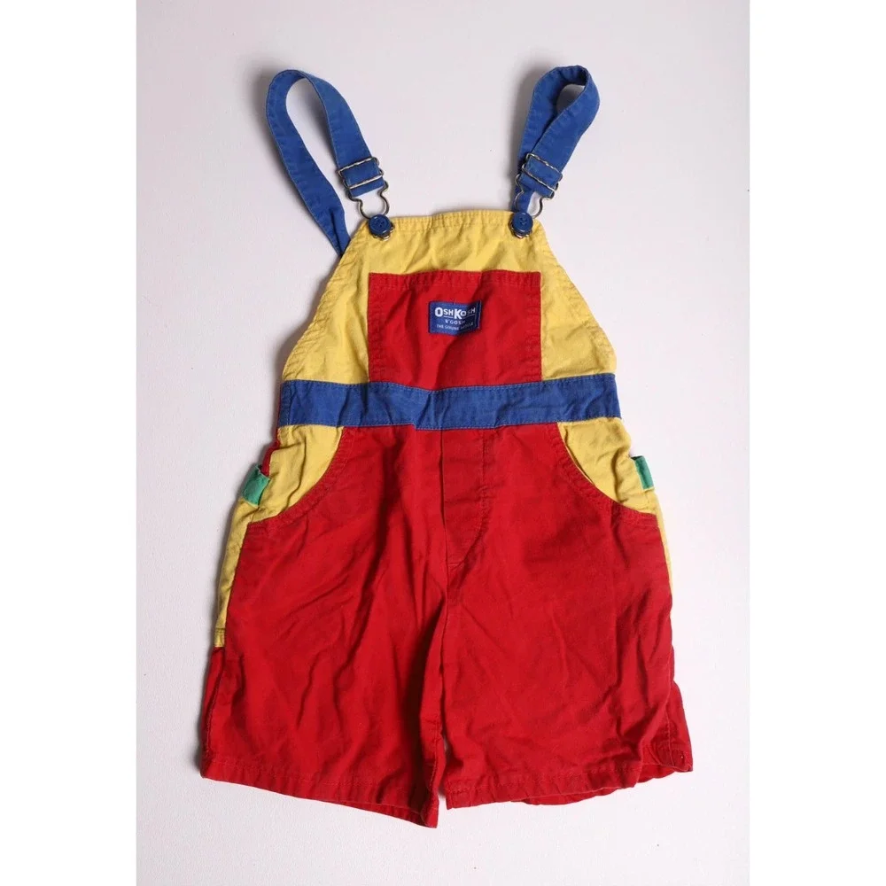 Vintage OshKosh Bgosh Kids Colorblock Shortalls Red Yellow Blue Toddler Size 4T